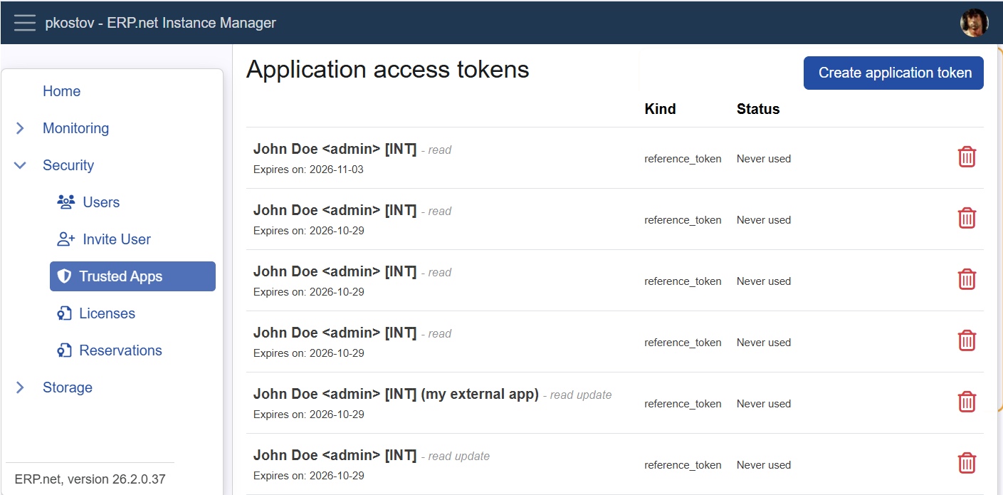 Trusted App tokens list