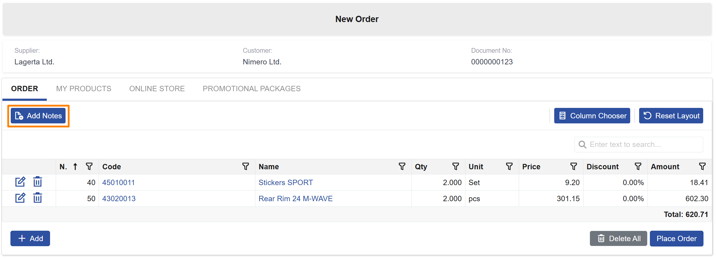 Client Center – Add Notes button in New Order