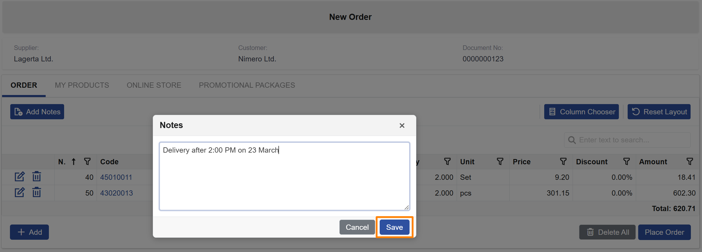 Client Center – Notes popup in New Order