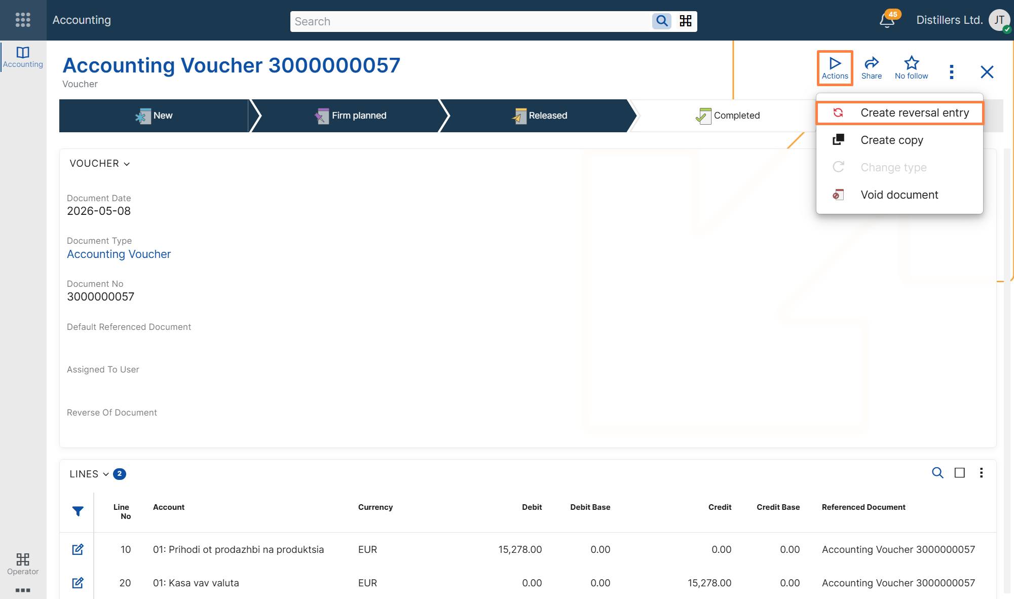 Create Reversal Entry UI function