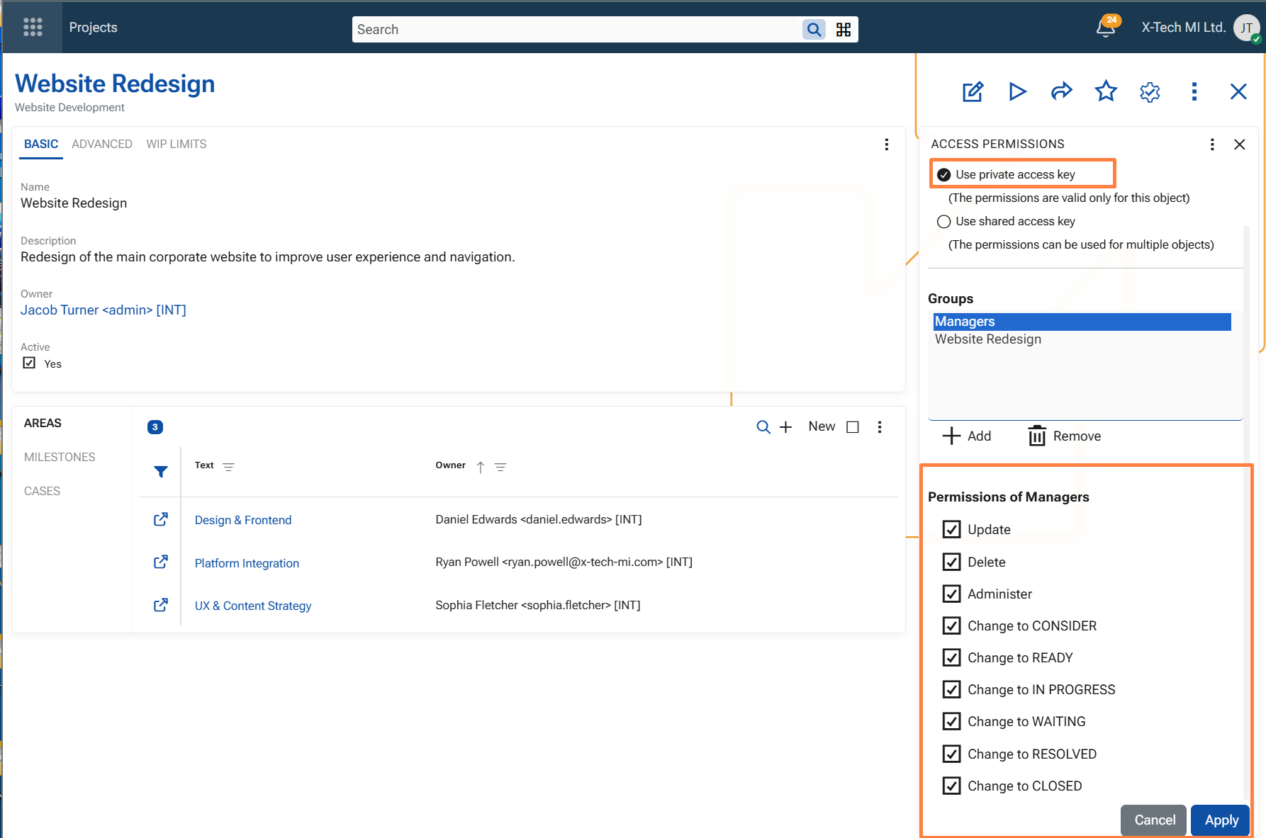 Project security settings for the Managers group