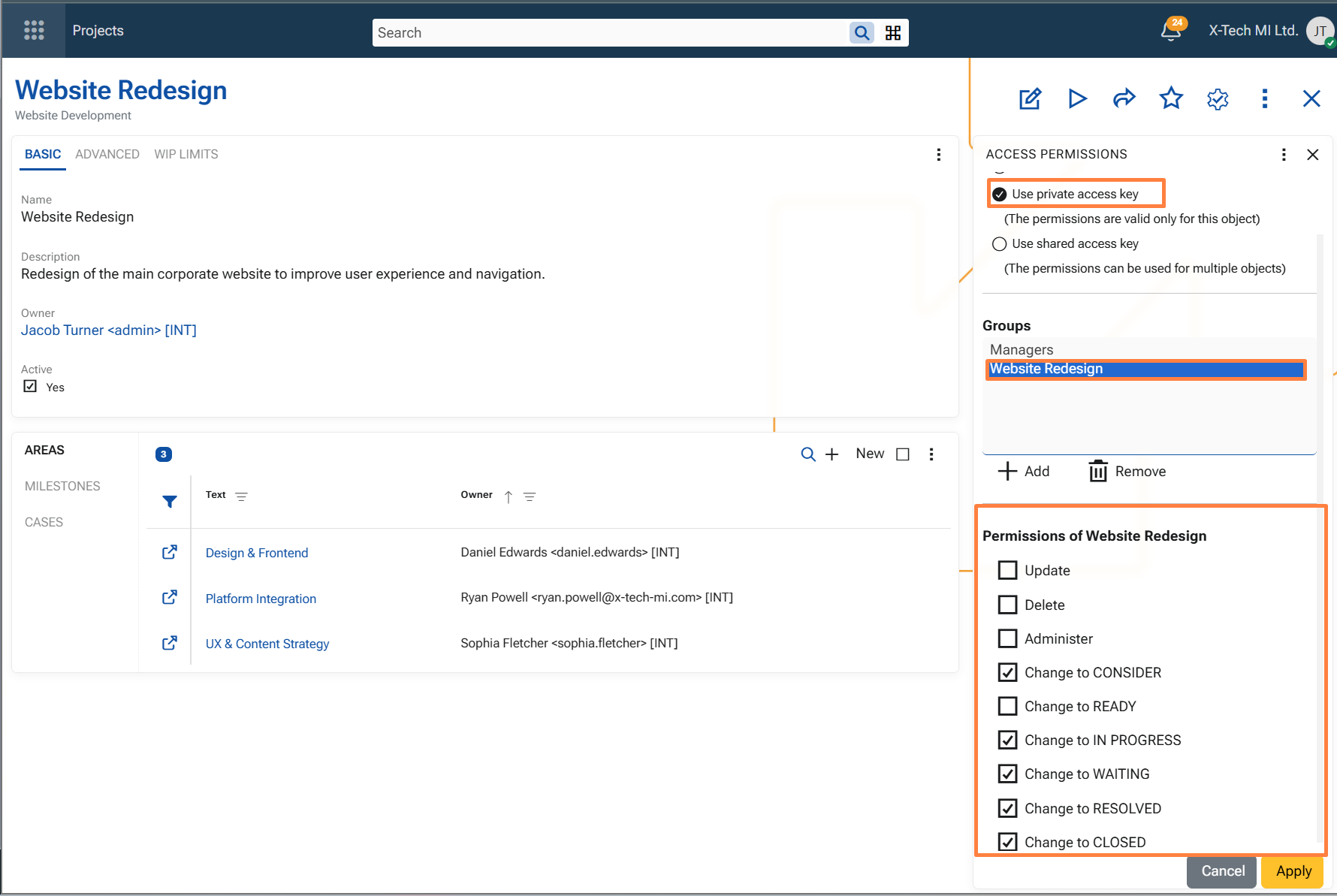Project security settings for the Website Redesign group