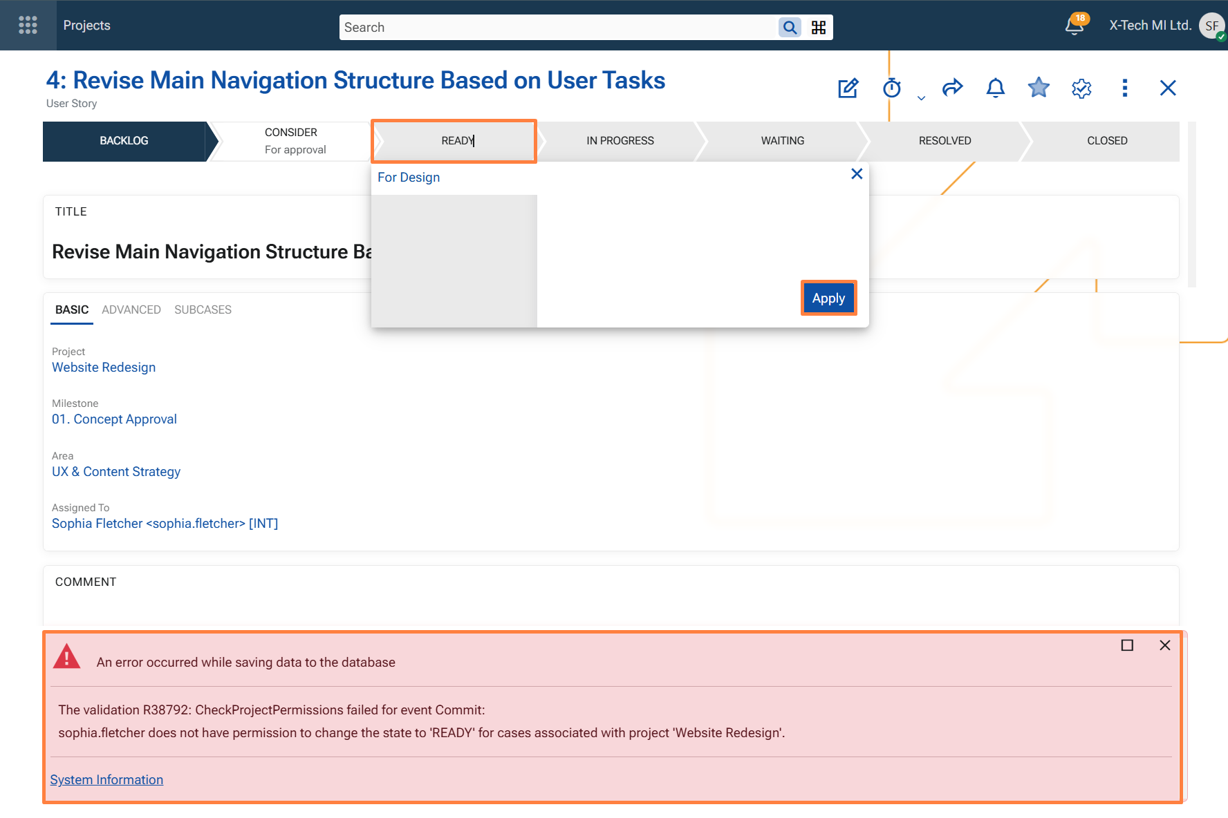 Validation error when changing a Case to READY without permission
