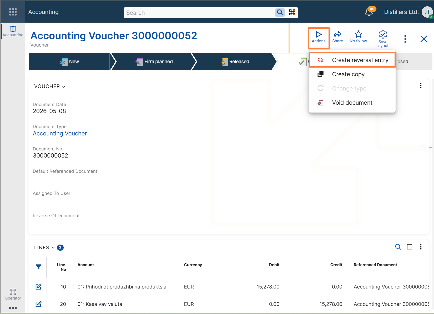 Create Reversal Entry UI function