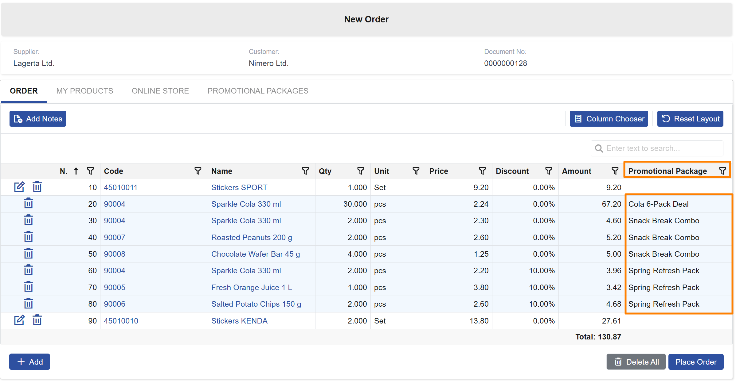Client Center – Promotional package lines in order
