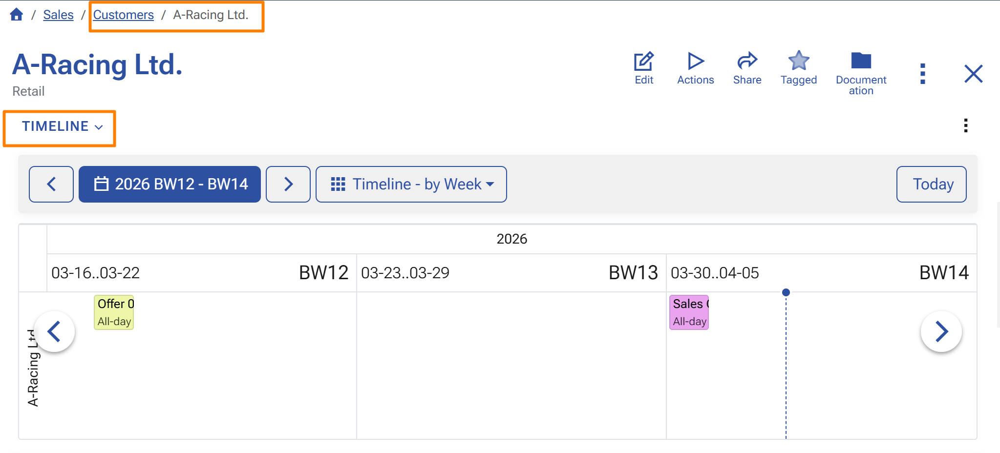 Timeline shown inside a customer form
