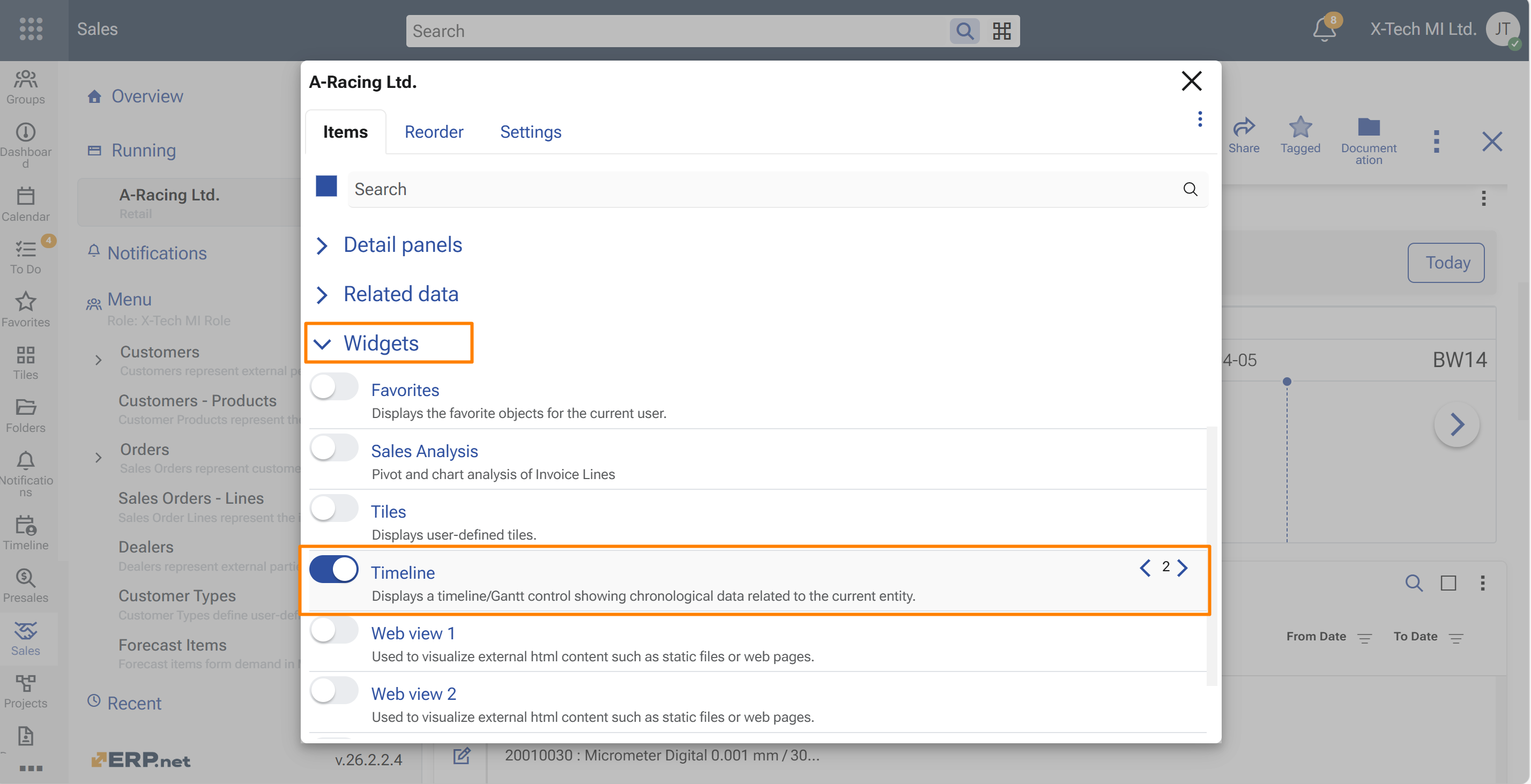 Timeline widget added to a form