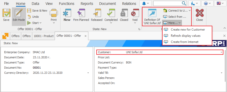 Document command ribbon | ERP.net Windows Client