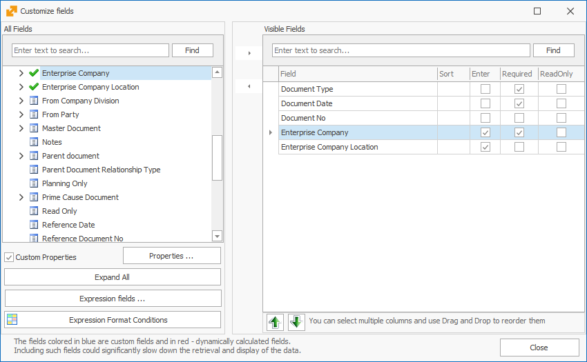 Customize fields | ERP.net Windows Client
